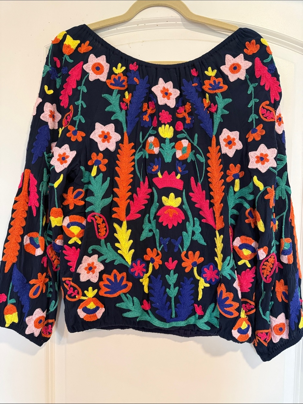 Soft Surroundings Navy Peasant Blouse with Bright Multicolor Embroidery